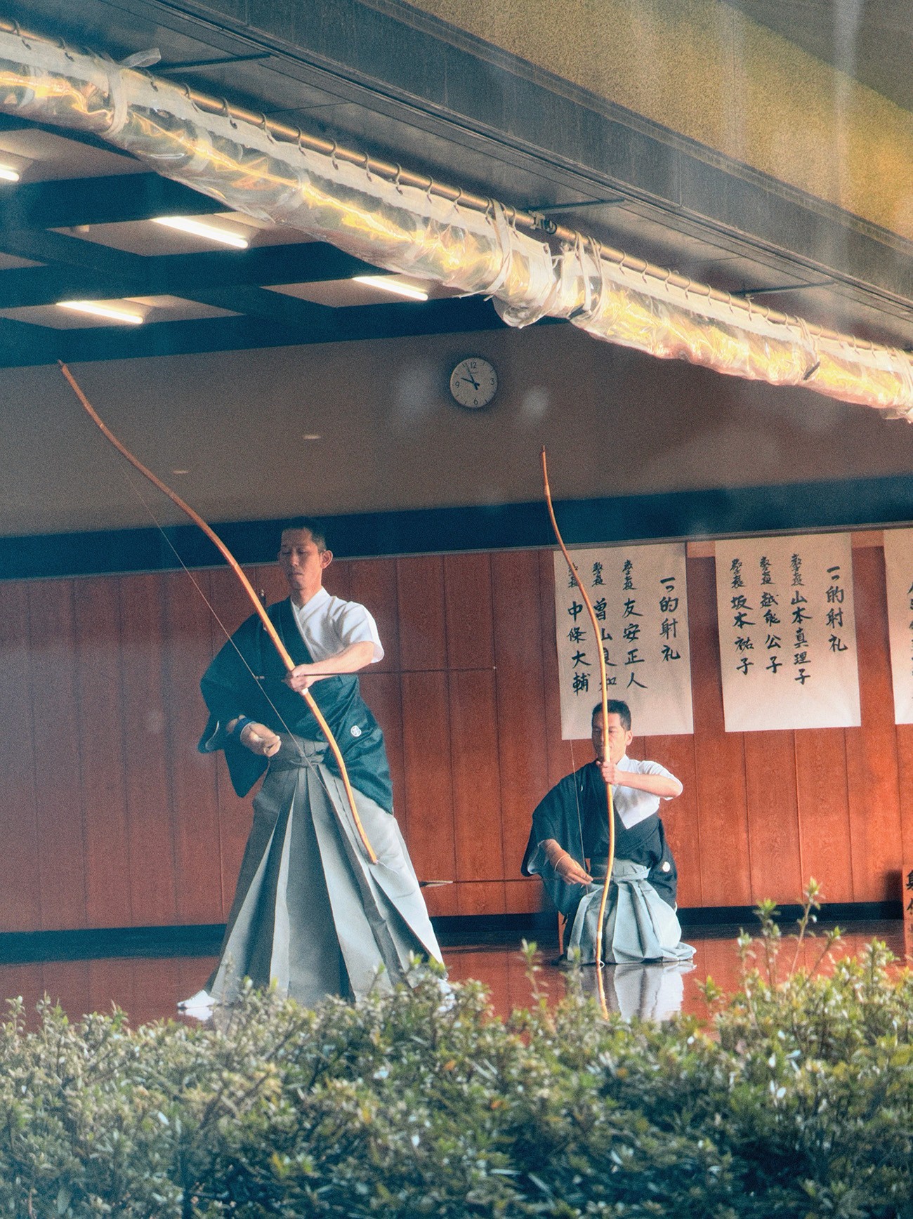 Japanese archery Kyudo archers practicing with long bows indoors.