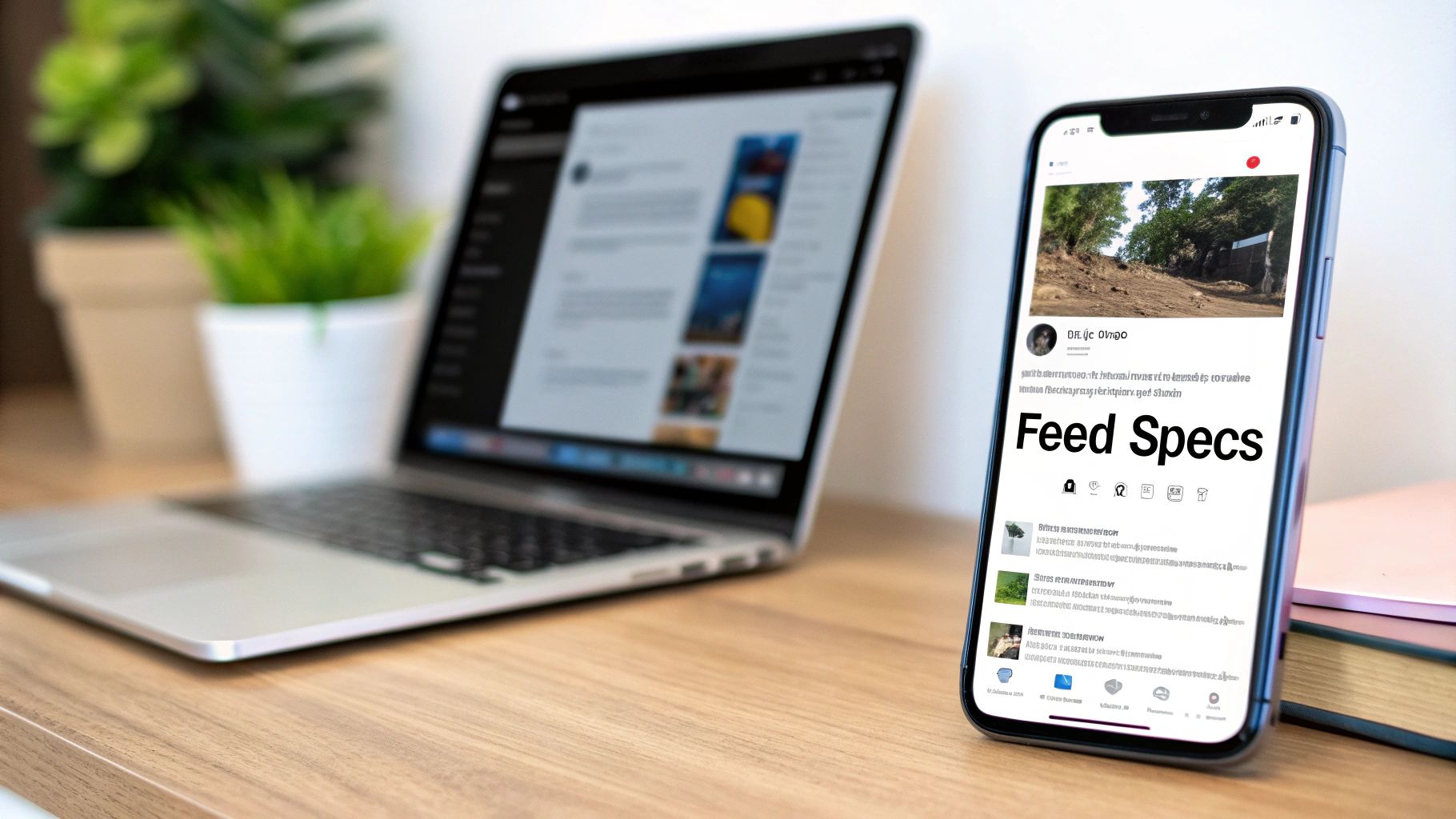 A smartphone displaying 'Feed Specs' next to a laptop on a wooden desk with plants in the background.
