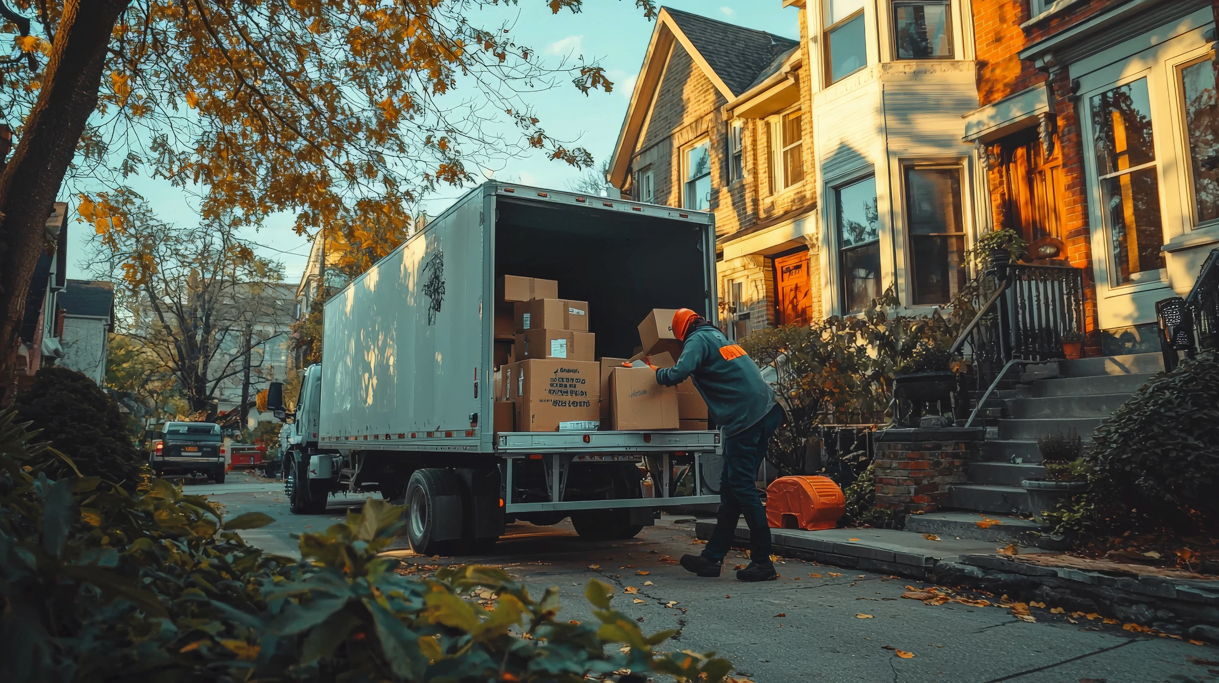Courier unloading cardboard boxes from the back of a delivery truck parked on a sunny city street lined with brick houses.