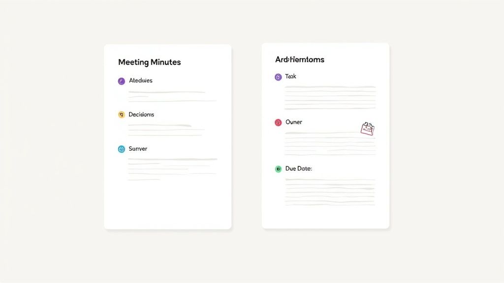 Woman writing meeting minutes on a laptop in a bright office.