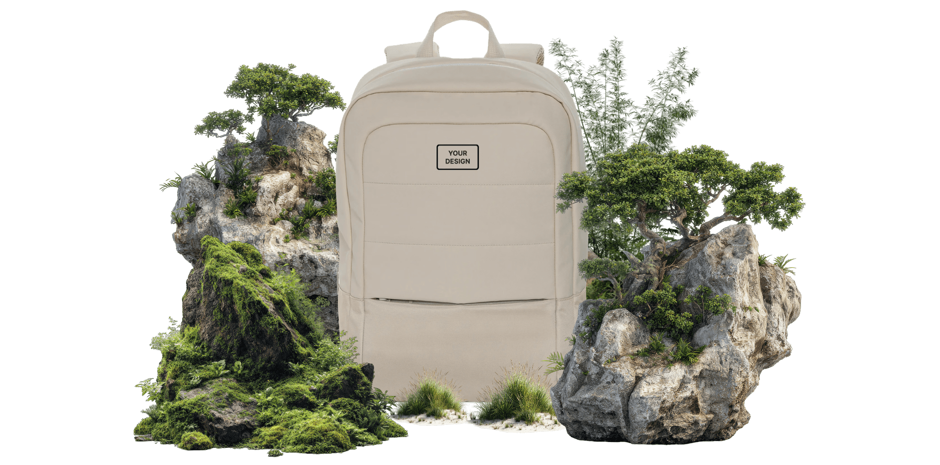 Custom branded white backpack displayed in a nature-inspired setting