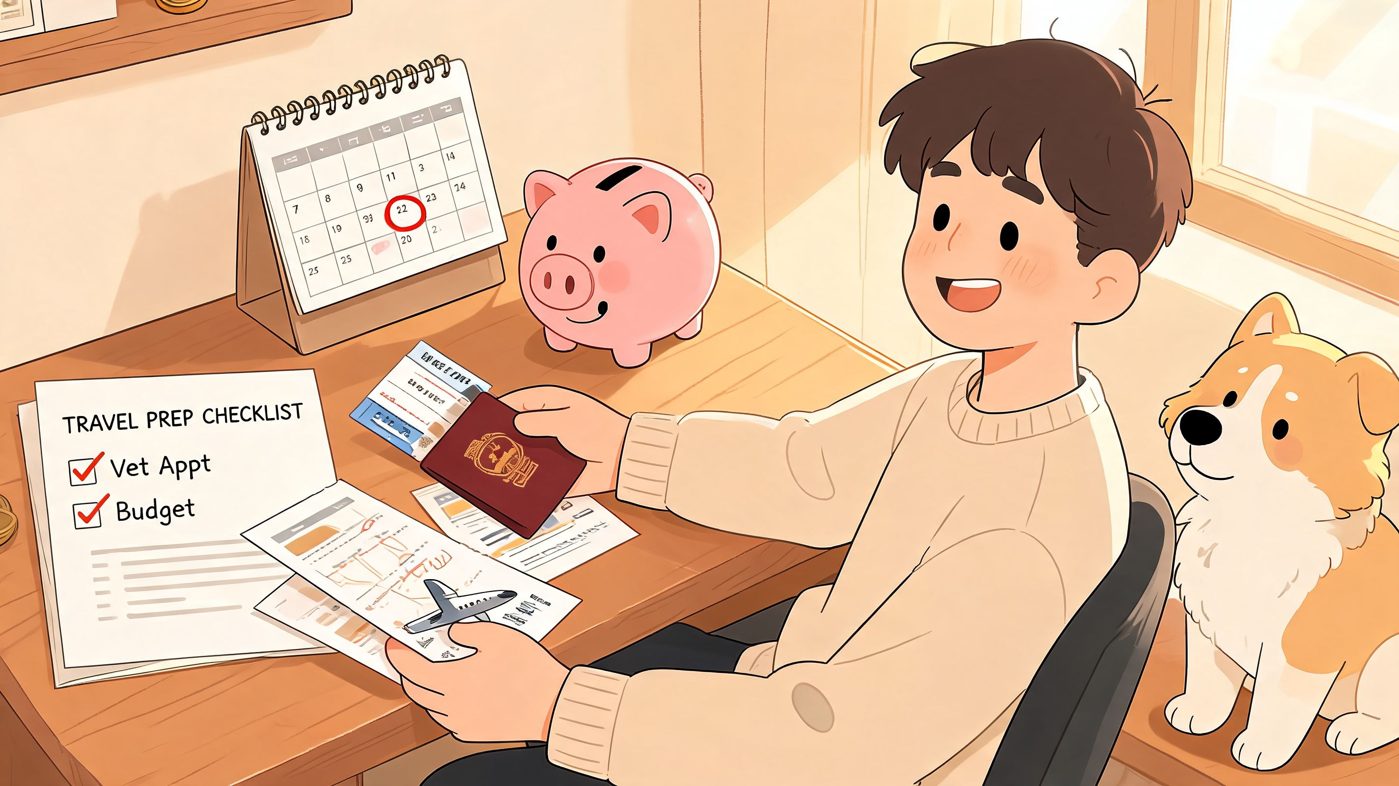 A happy young man preparing for international travel with his dog, holding a passport and checklist.