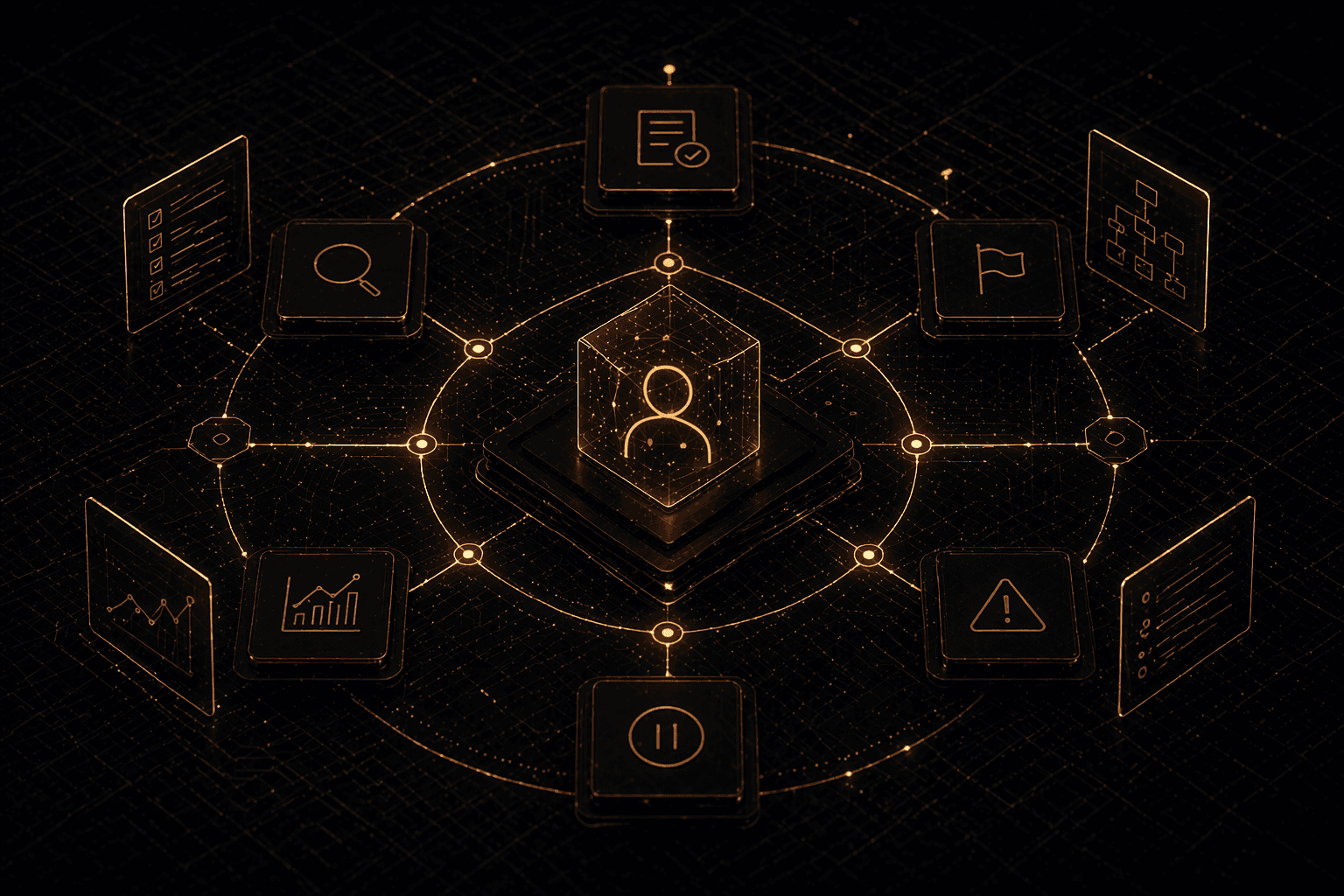 Abstract dark cybernetic oversight interface with a glowing central human-control hub surrounded by review, approval, escalation, and documentation nodes, linked to upstream signals and downstream verified outcomes to represent human oversight points in a governed decision system.