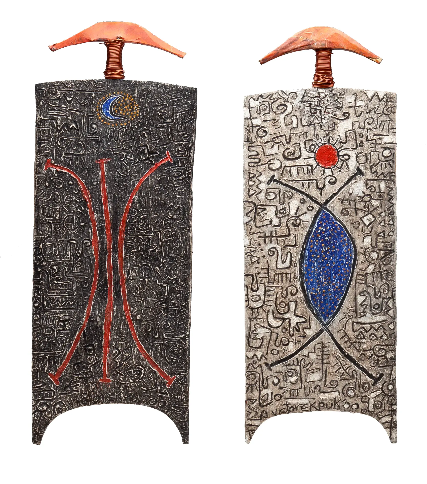 Should the moon meet us apart, may the sun find us together (2012). Acrylic, copper wire. 20 in. × 7.5 in each. In collection of Newark museum