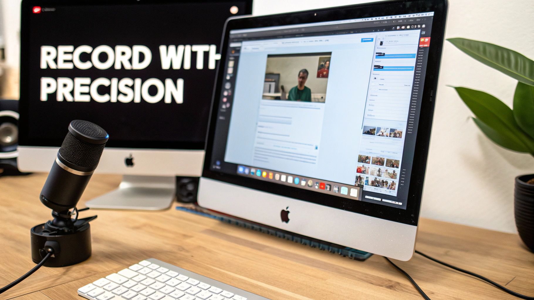 Professional podcasting microphone and iMac computer displaying video editing software for content creation