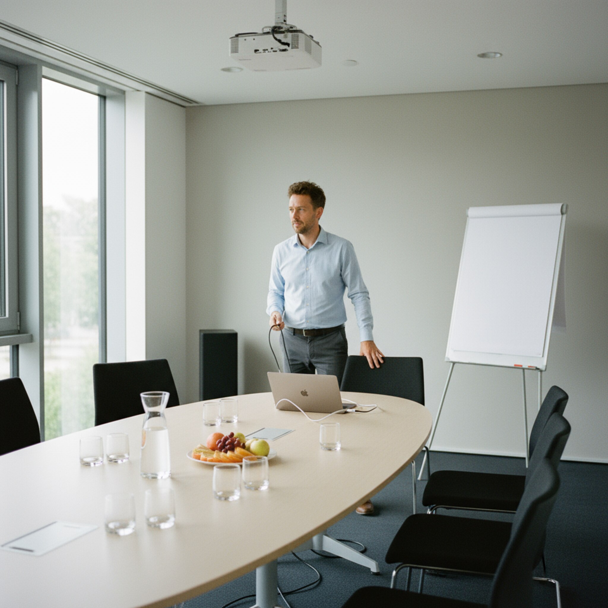 Ein moderner Konferenzraum mit vorbereitetem Tisch, Wasserkaraffe, Gläsern und einem Teller mit Obst. Ein Flipchart steht sauber ausgerichtet neben einem dezenten Speaker. Ein Techniker prüft kurz die Verkabelung eines Beamers und richtet die Stühle im Halbkreis aus. Alles ist bereit für einen pünktlichen Start.