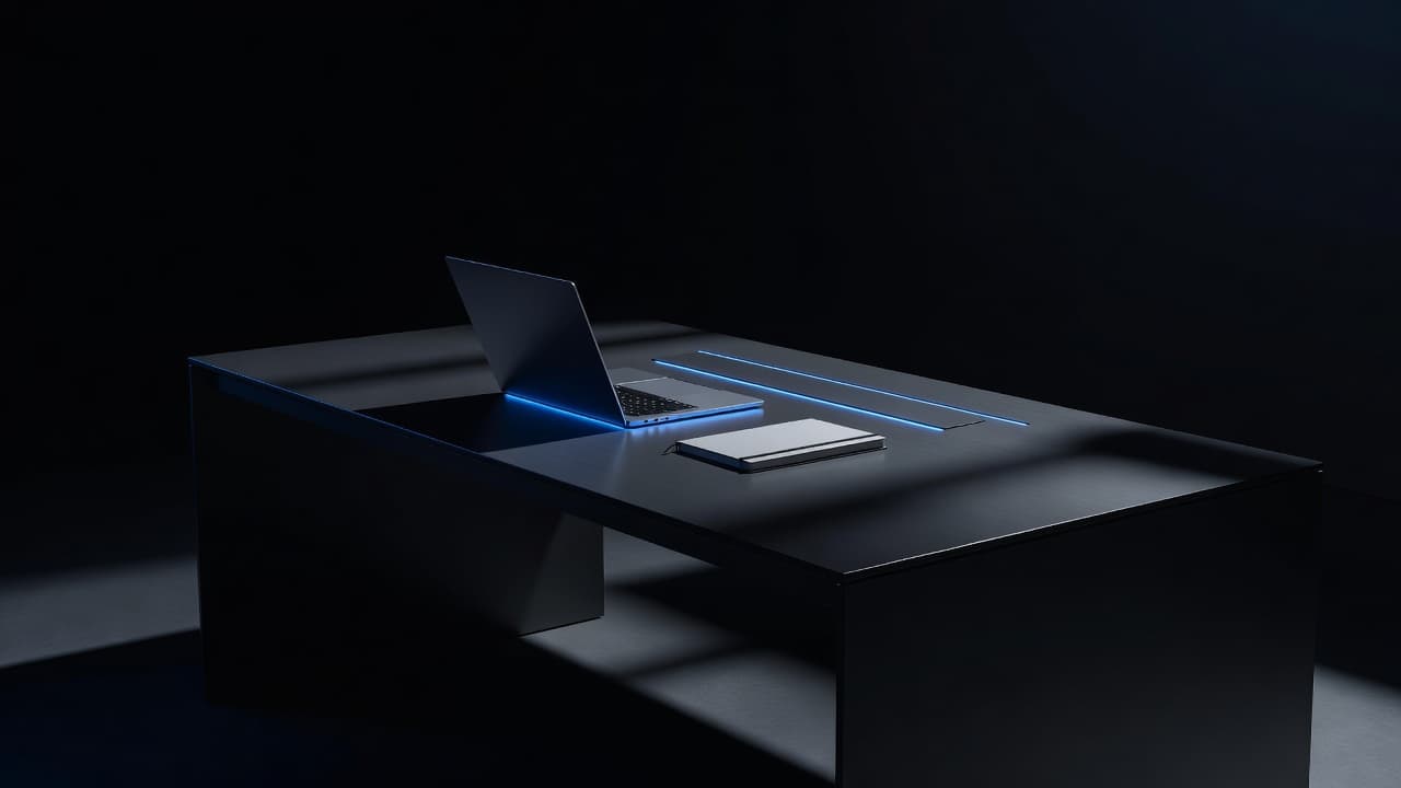 A sleek, organized desk features a thin laptop next to a clean notebook, bathed in dramatic, moody light. Deep blue accent hues contrast against rich shadows to create a professional atmosphere.