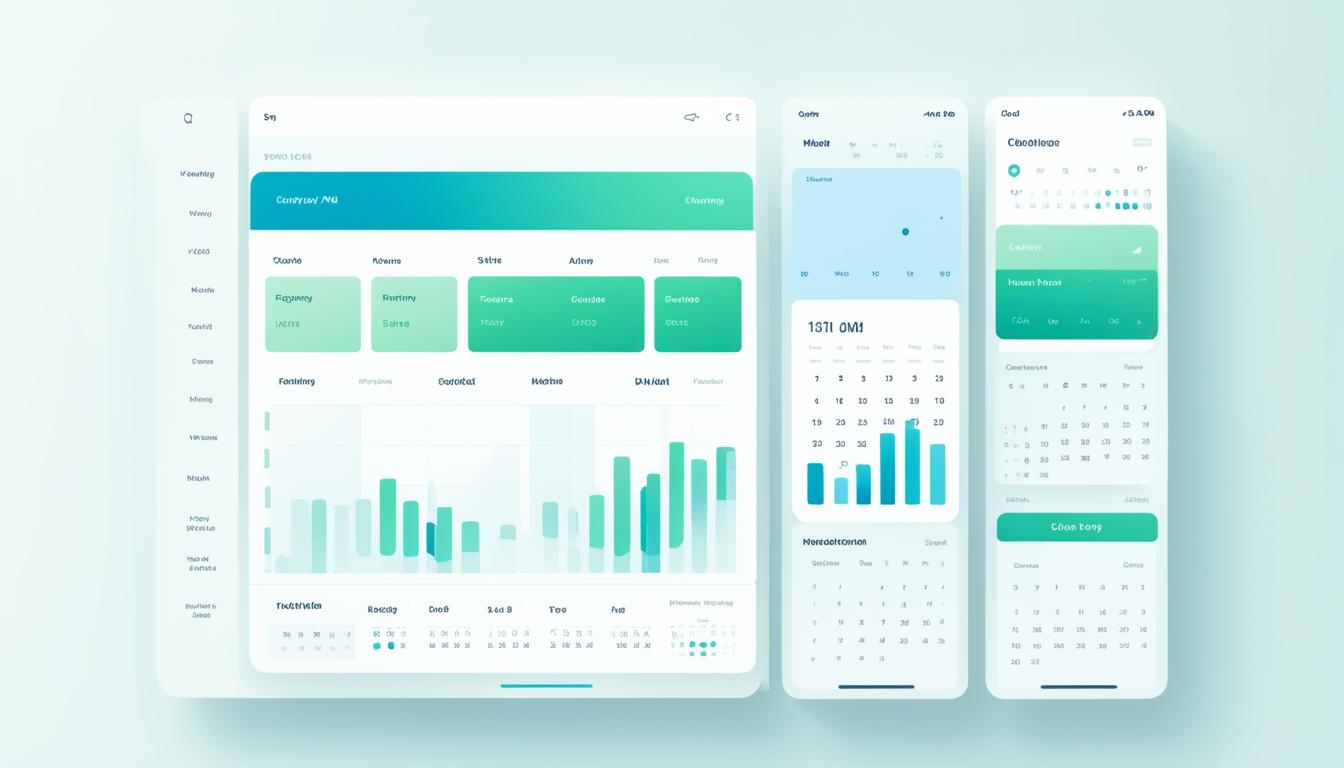 A clean and minimalist interface featuring a calendar with posts scheduled for different days and times. The interface also displays metrics such as engagement rate, follower growth, and reach. The color scheme is predominantly white with hints of light blue and green, giving off a fresh and modern vibe.