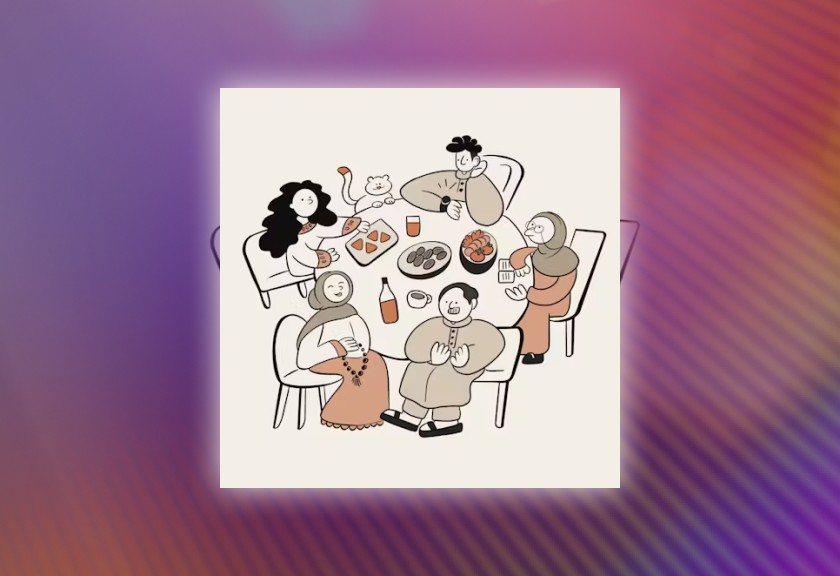 Simple line drawing of a group gathered around a table for Thanksgiving dinner.