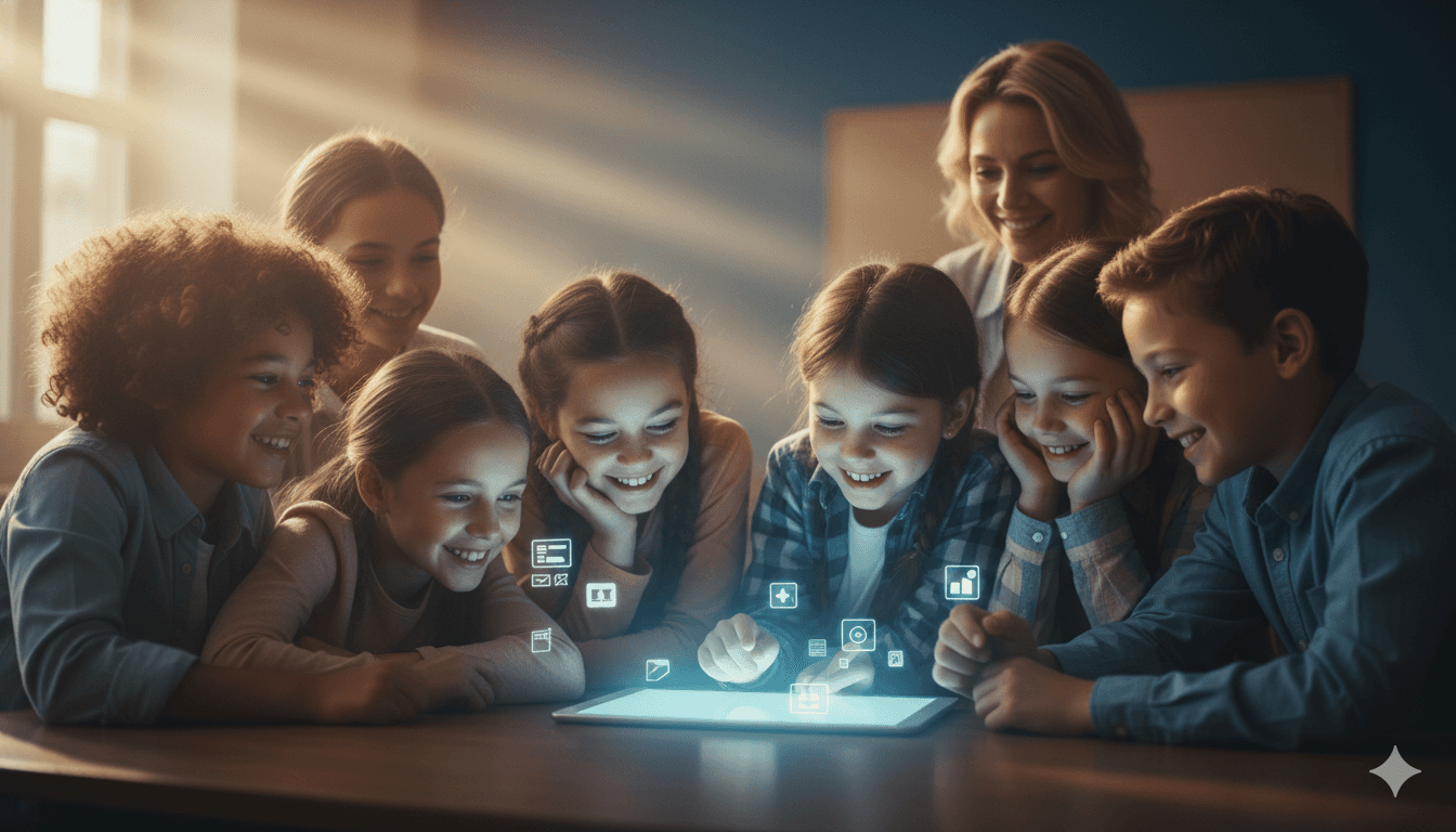Students smiling as a storyworld avatar appears on their tablet; teacher in soft background.