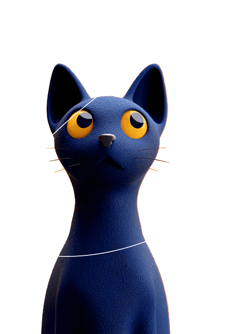 A blue cartoon cat with large yellow eyes stares upward at a floating cotton swab above its head, against a simple, light-colored background.