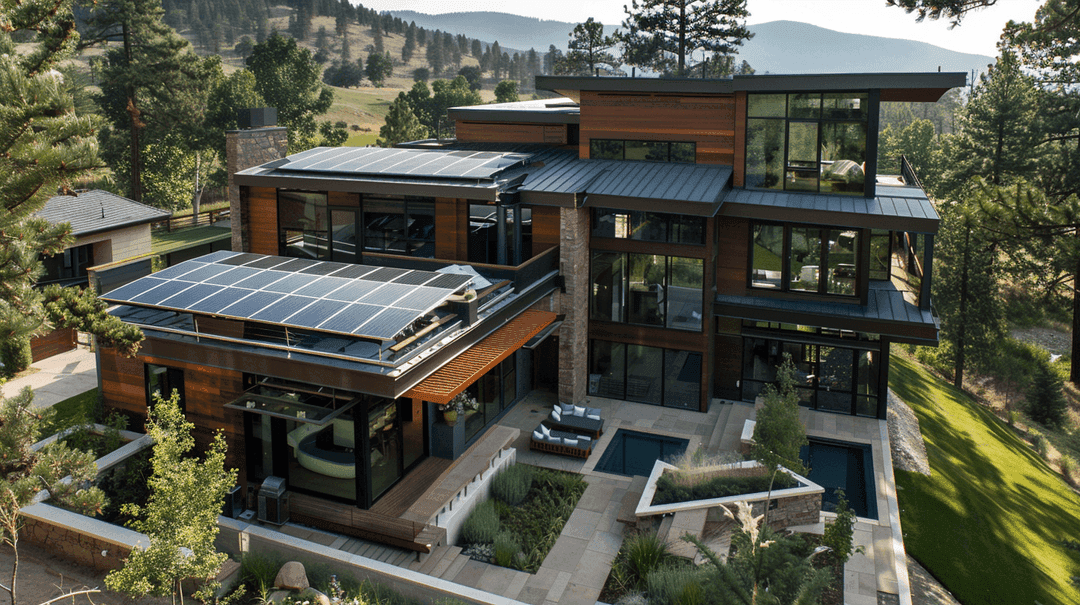 Aerial view of multi-level mountain home with solar panels, green roofs, and stone accents in forested setting