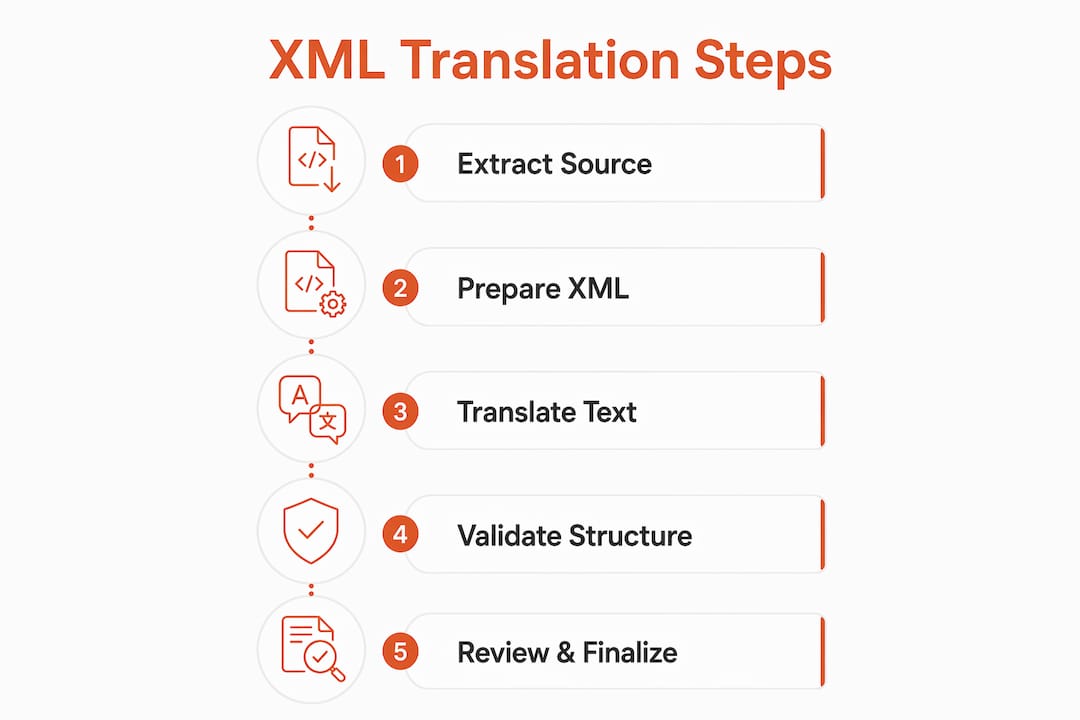 Infographic illustrating key XML translation steps