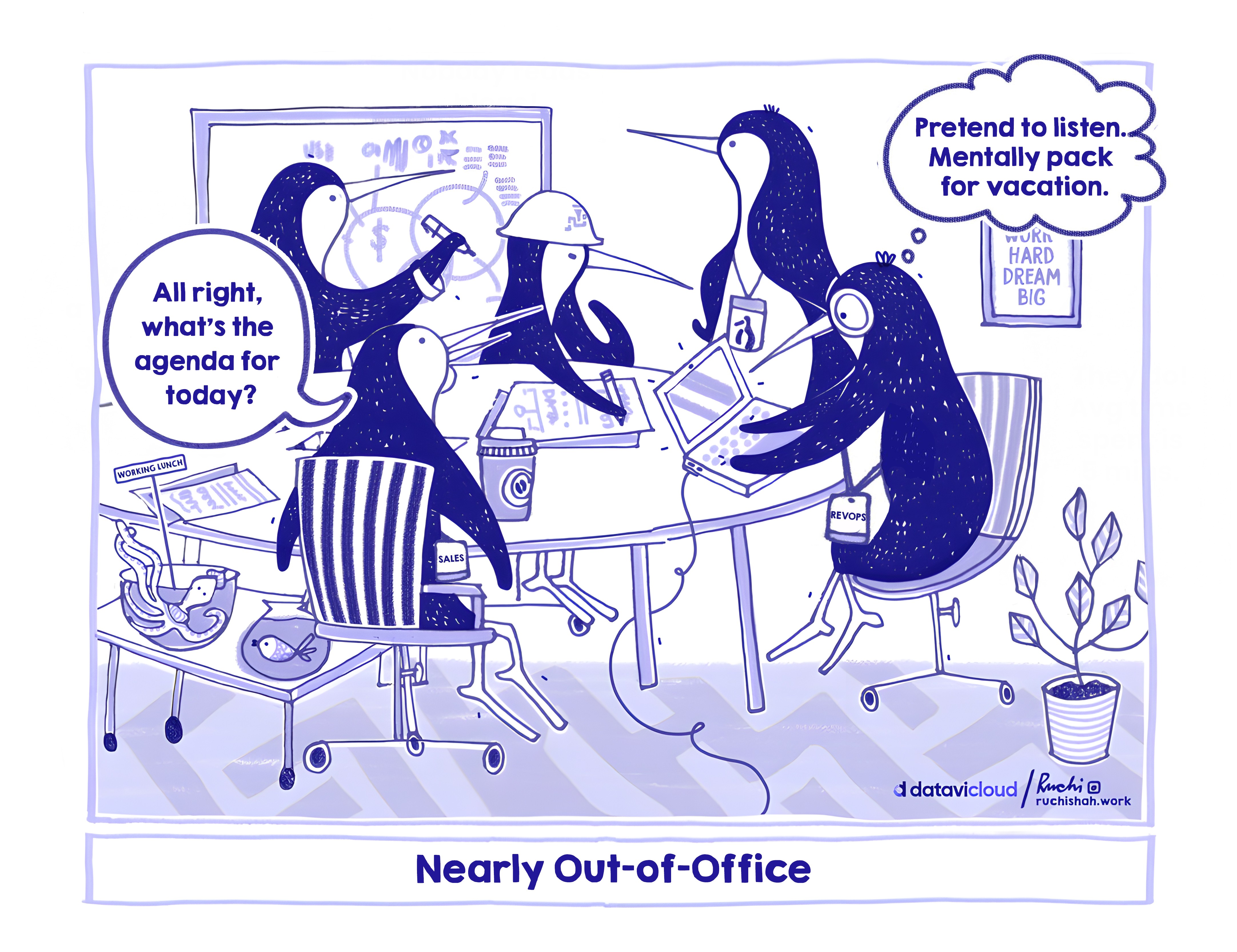B2B office humor cartoon titled 'Nearly Out-of-Office' featuring penguins in a meeting; one penguin asks for the agenda while another is 'mentally packing for vacation,' illustrating the low productivity and vacation energy at the end of the year.