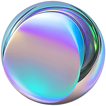 A digital rendering of a smooth, abstract sphere with a highly reflective, iridescent surface. The sphere displays a spectrum of colors, including shades of blue, green, pink, and purple, blending seamlessly into each other.