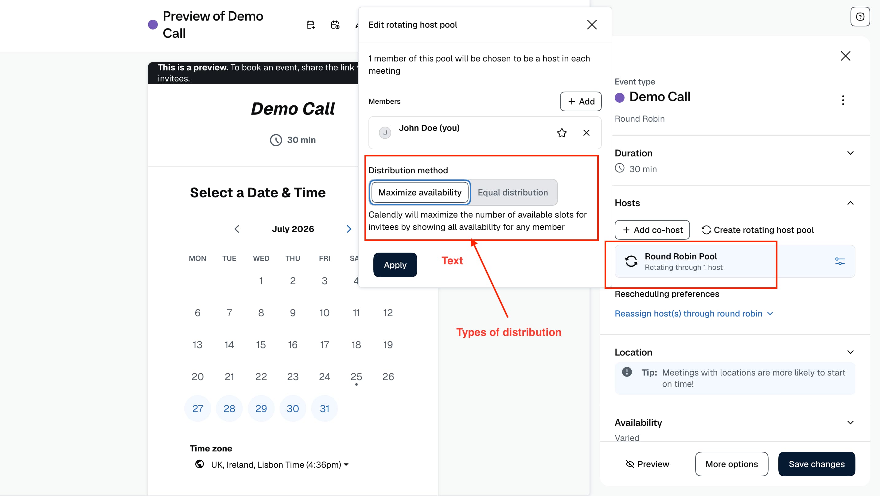 Calendly Round Robin team settings page showing team members and scheduling configuration