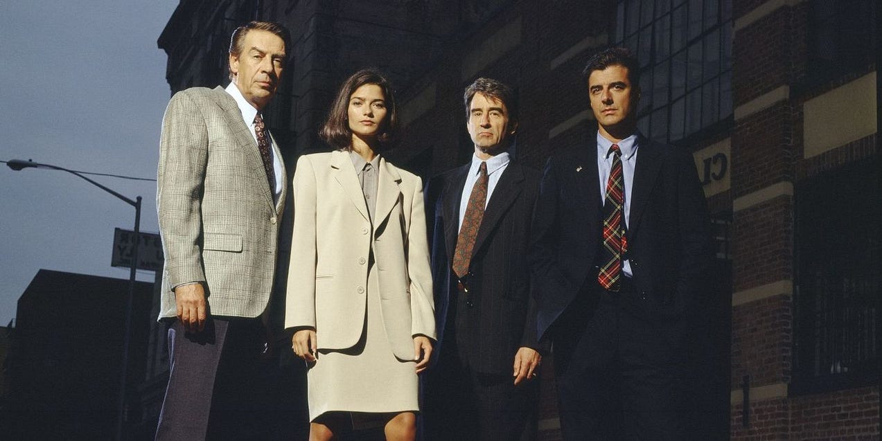 The lawyers in the television series Law & Order in the 1990s. A clear example of predominantly white representation onscreen.