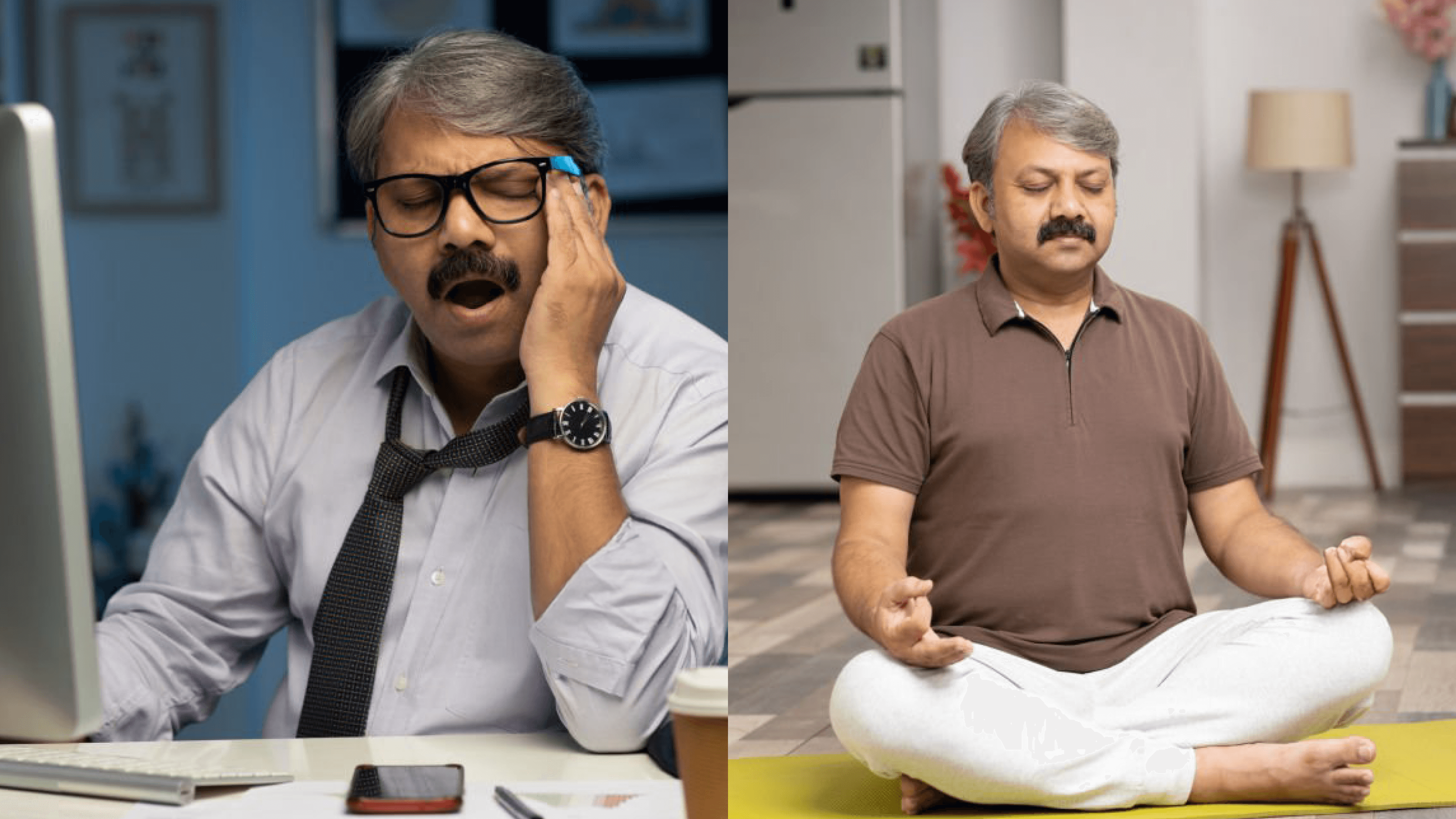 Comparison of a stressed office worker at his desk and a relaxed man meditating at home, highlighting the benefits of incorporating mindfulness into daily life. Self-care routine, Mental health tips, Stress management, Work-life balance, Personal wellness, Healthy lifestyle, Daily rituals, Build better habits, Self-care ideas for mental health