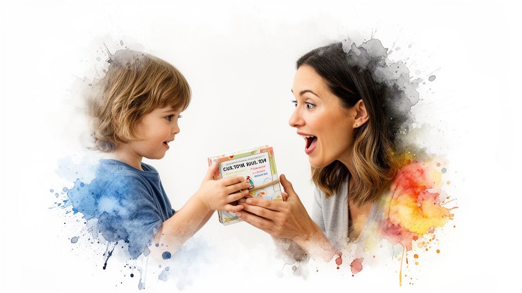 A smiling child gives a personalized gift box to a surprised woman, enhanced with watercolor art.
