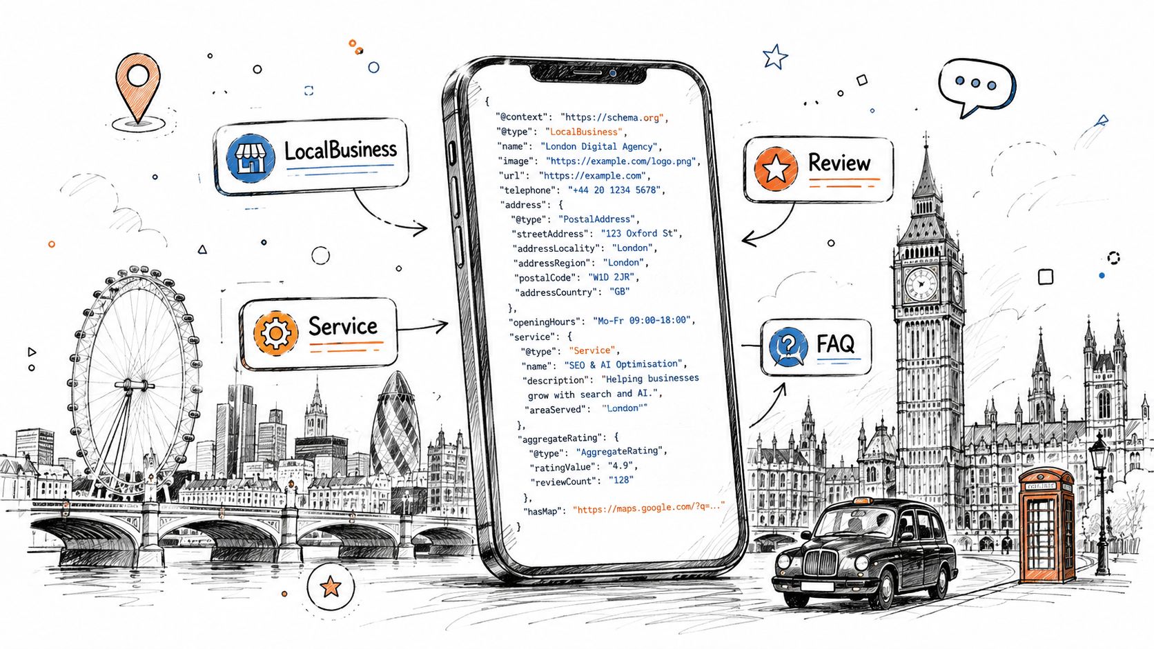 A mobile phone displaying structured data schema code against a background of iconic London landmarks.