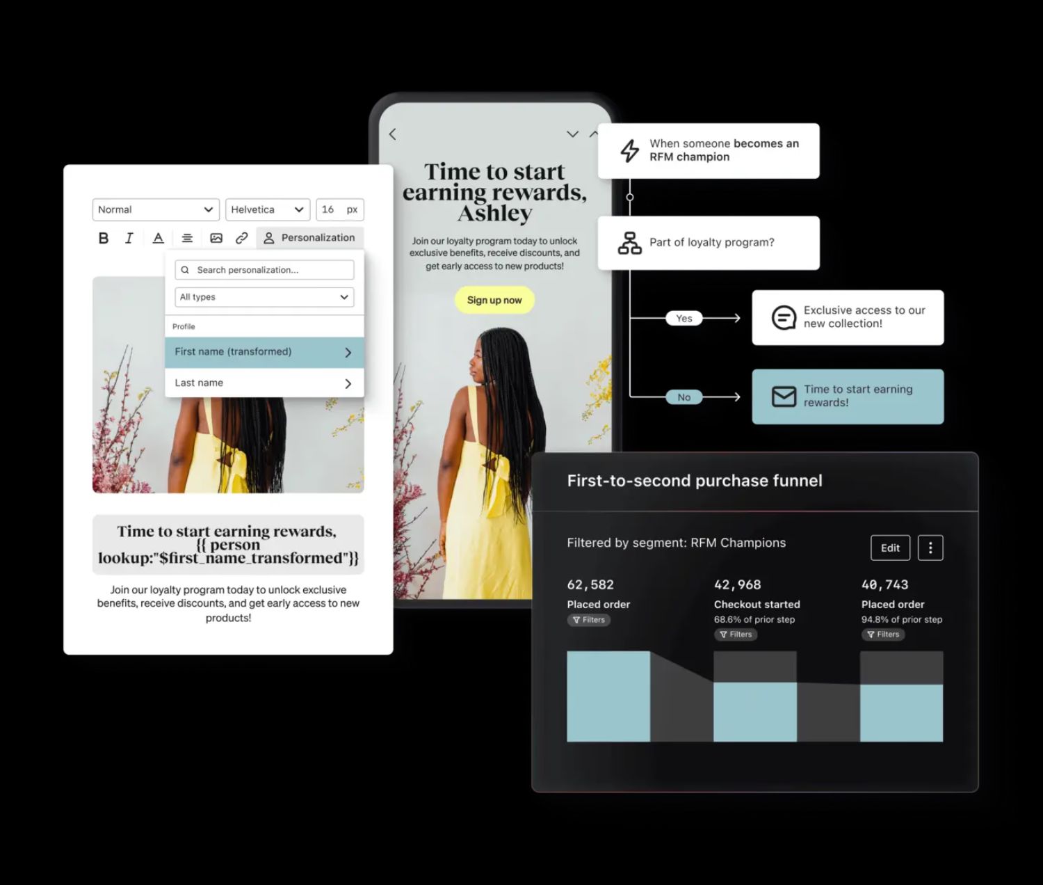 Klaviyo Reviews Feature Alt Text: "A promotional image for Klaviyo Reviews, showcasing integrated customer journeys with examples of submitted reviews, product ratings, and customer engagement via the platform."