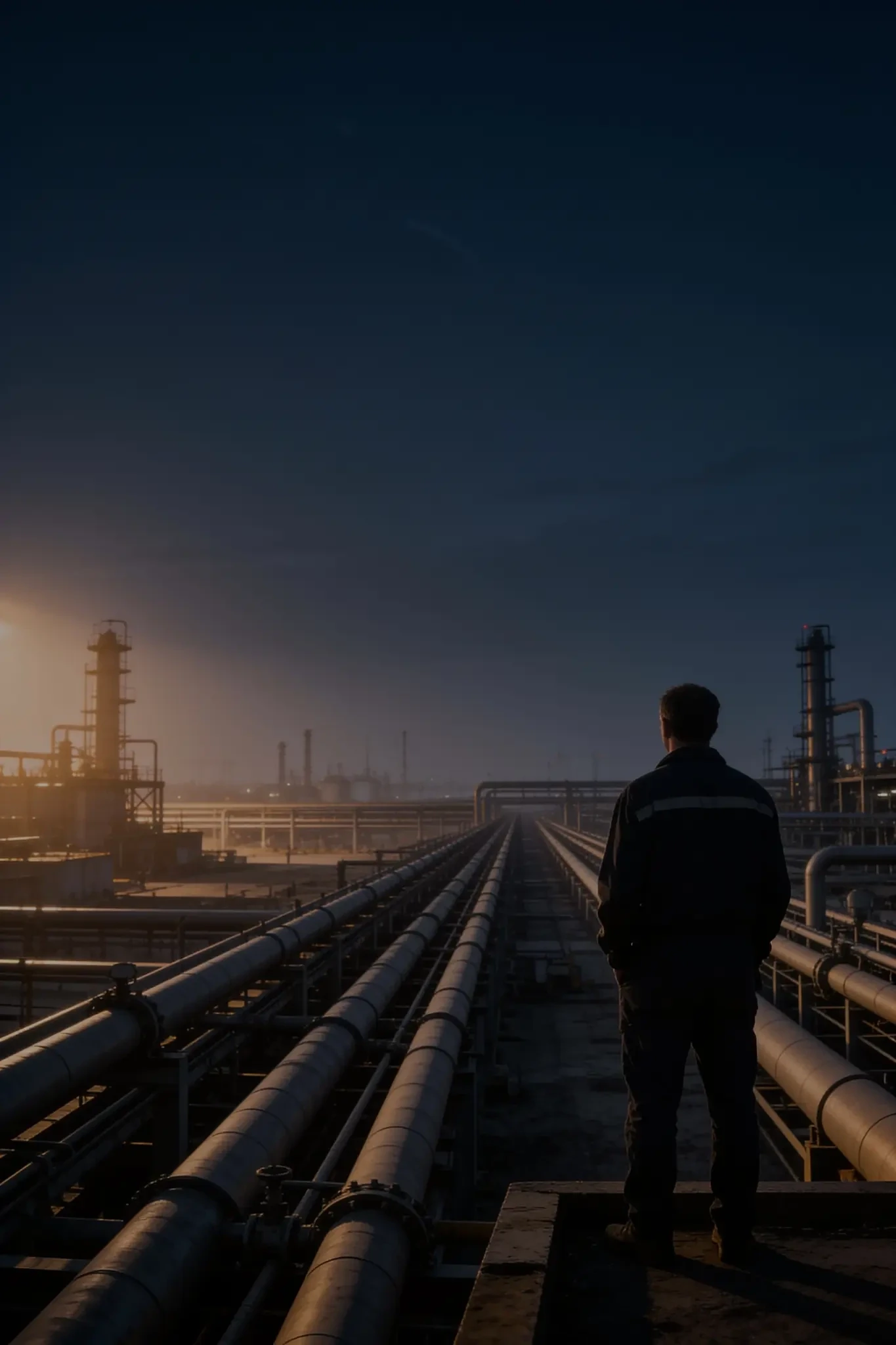 Worker standing on pipelines overlooking an industrial facility at sunrise.