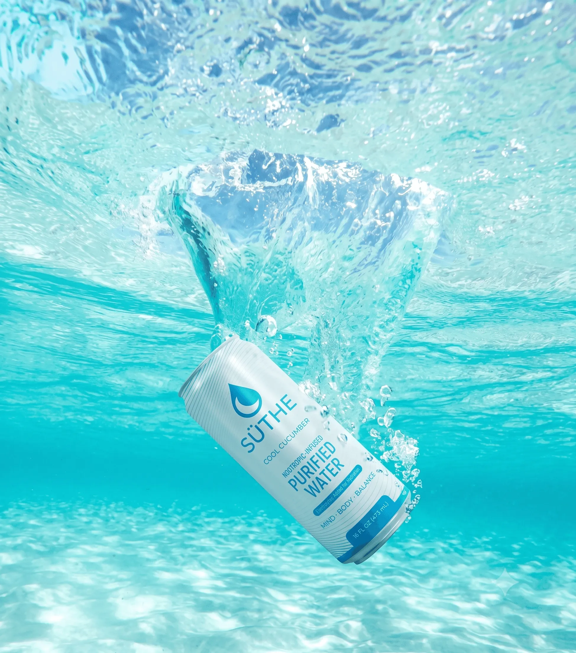 Suthe purified water can submerged in clear ocean water with a whirlpool effect around it.