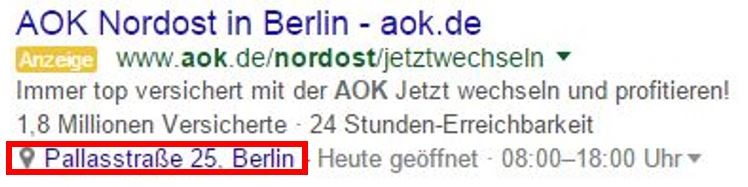 Aktivierte Standorterweiterung bei AdWords Anzeigen am Beispiel AOK Nordost