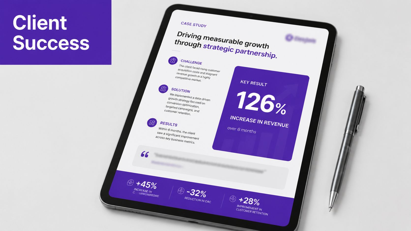 A digital tablet displaying a client success case study with business growth metrics and revenue performance data.