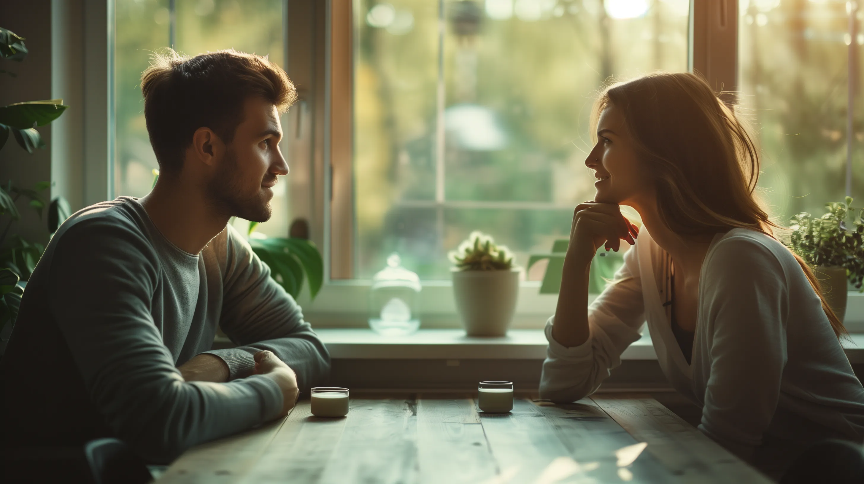 Couple reconnecting through therapy, hands reaching toward each other across a table with warm, hopeful lighting