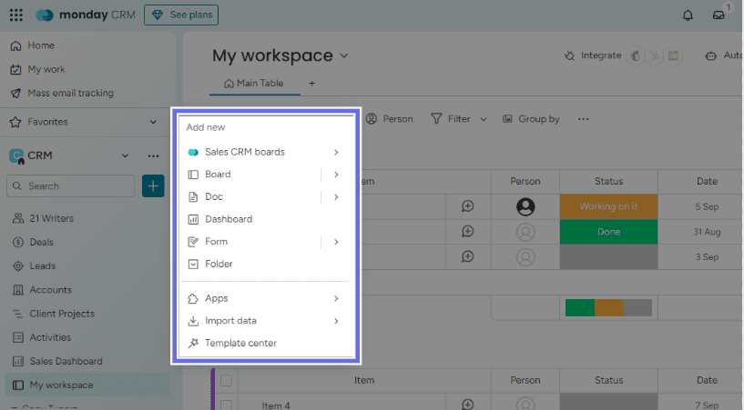 Monday workspace highlighting key organizational structures like board, folder, docs, etc.