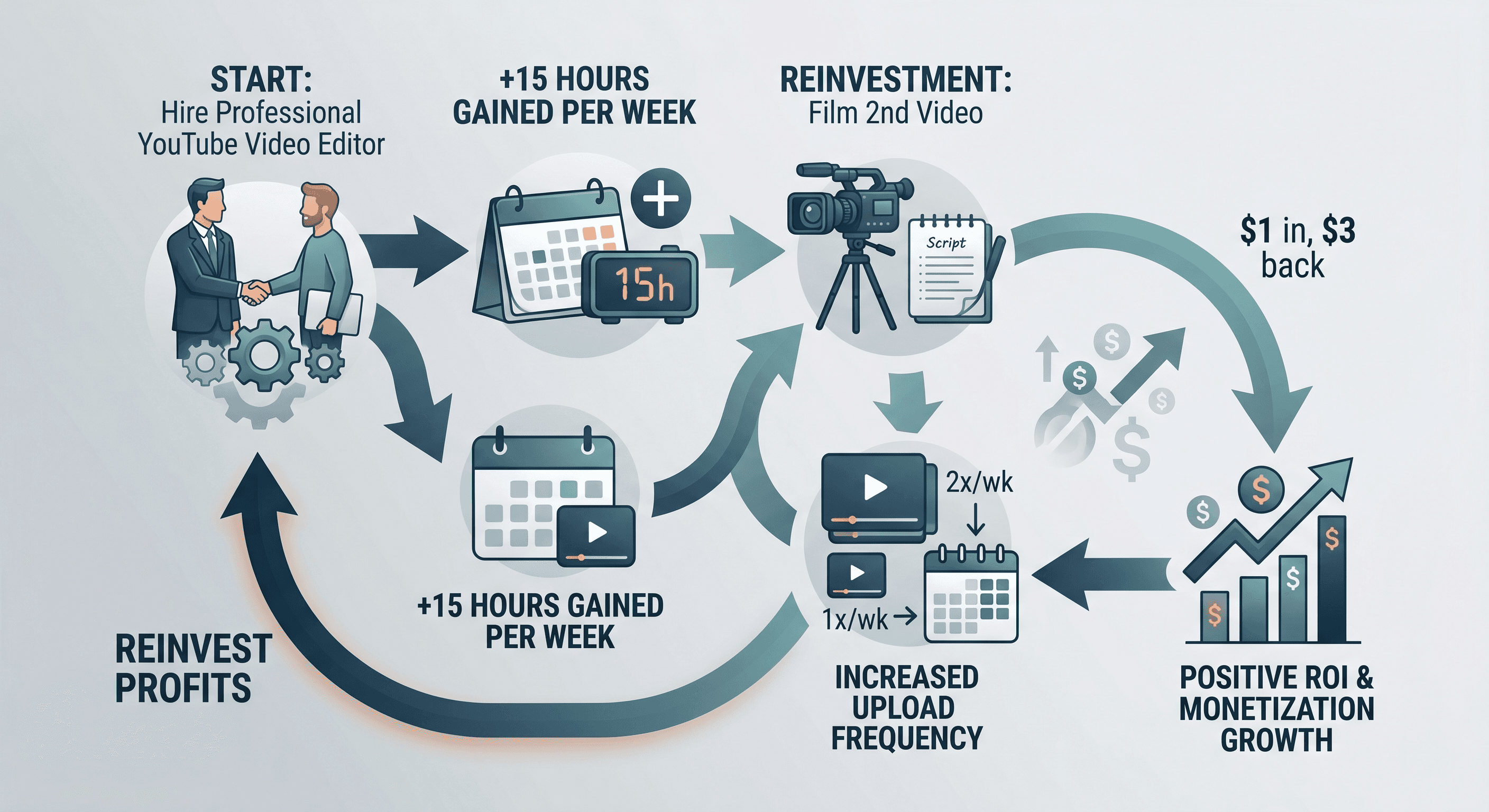 Flowchart illustrating the return on investment cycle of hiring a YouTube video editor.