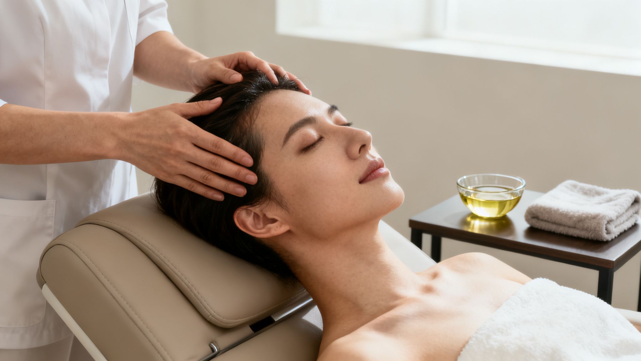 Close-up of a woman enjoying a relaxing head massage with her eyes closed at a spa.