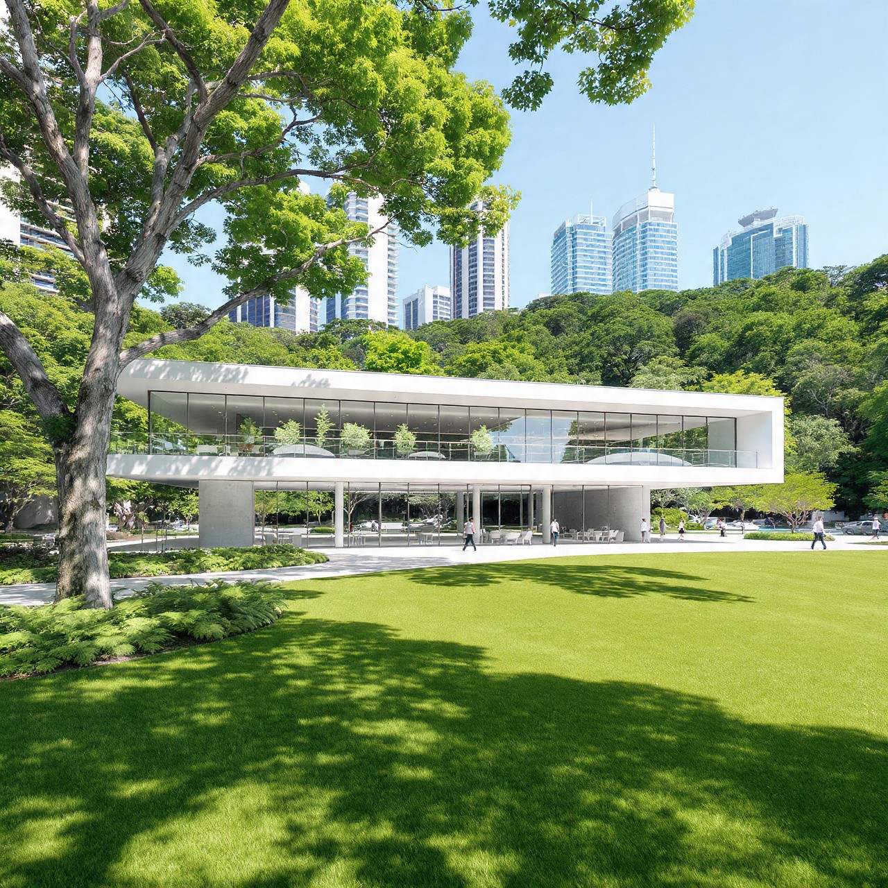Modern glass building surrounded by lush greenery, with a foreground of vibrant green lawn and large tree. City skyscrapers are visible in the background.