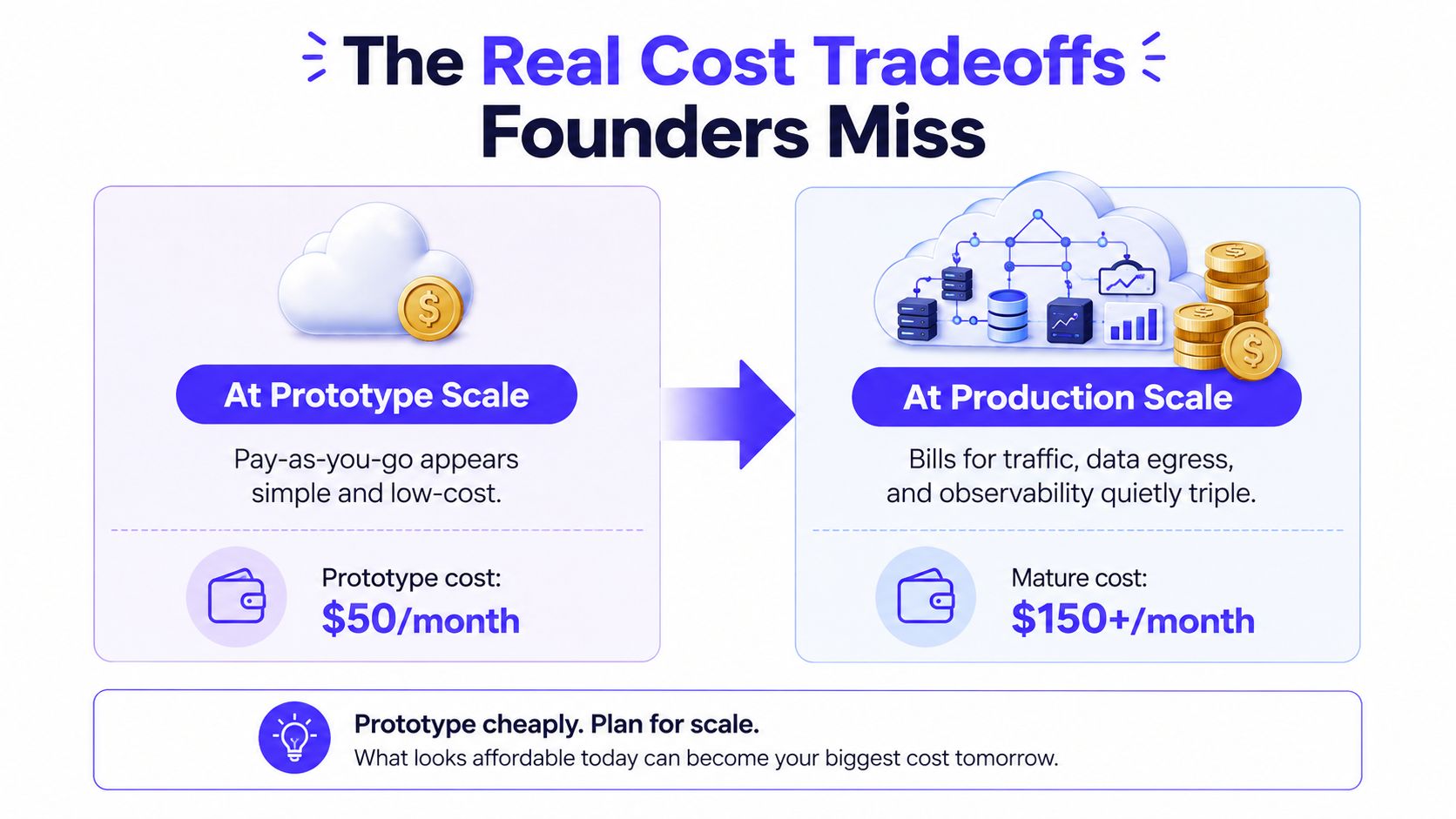 An infographic showing the cost difference between prototype and production scales in cloud-based app development.