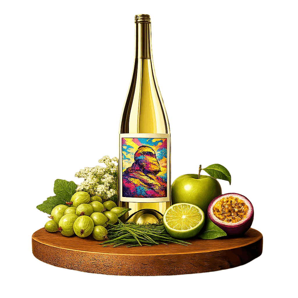 Artistic label and flavor profile for Romanian Sauvignon Blanc on a rustic wooden table.