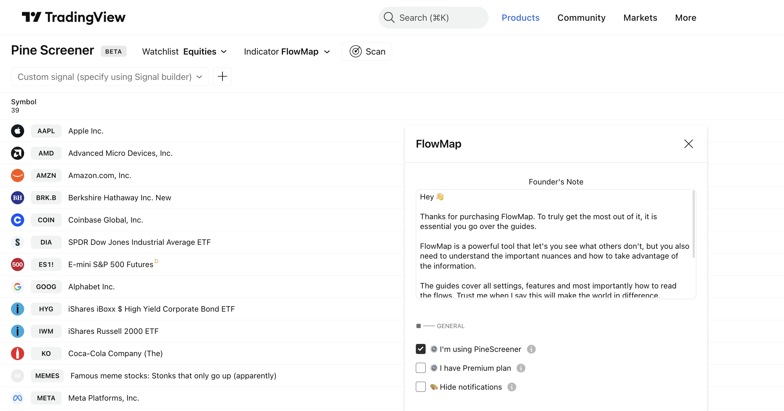 Illustration showing how to prepare a market scan with FlowMap using TradingView's PineScreener.
