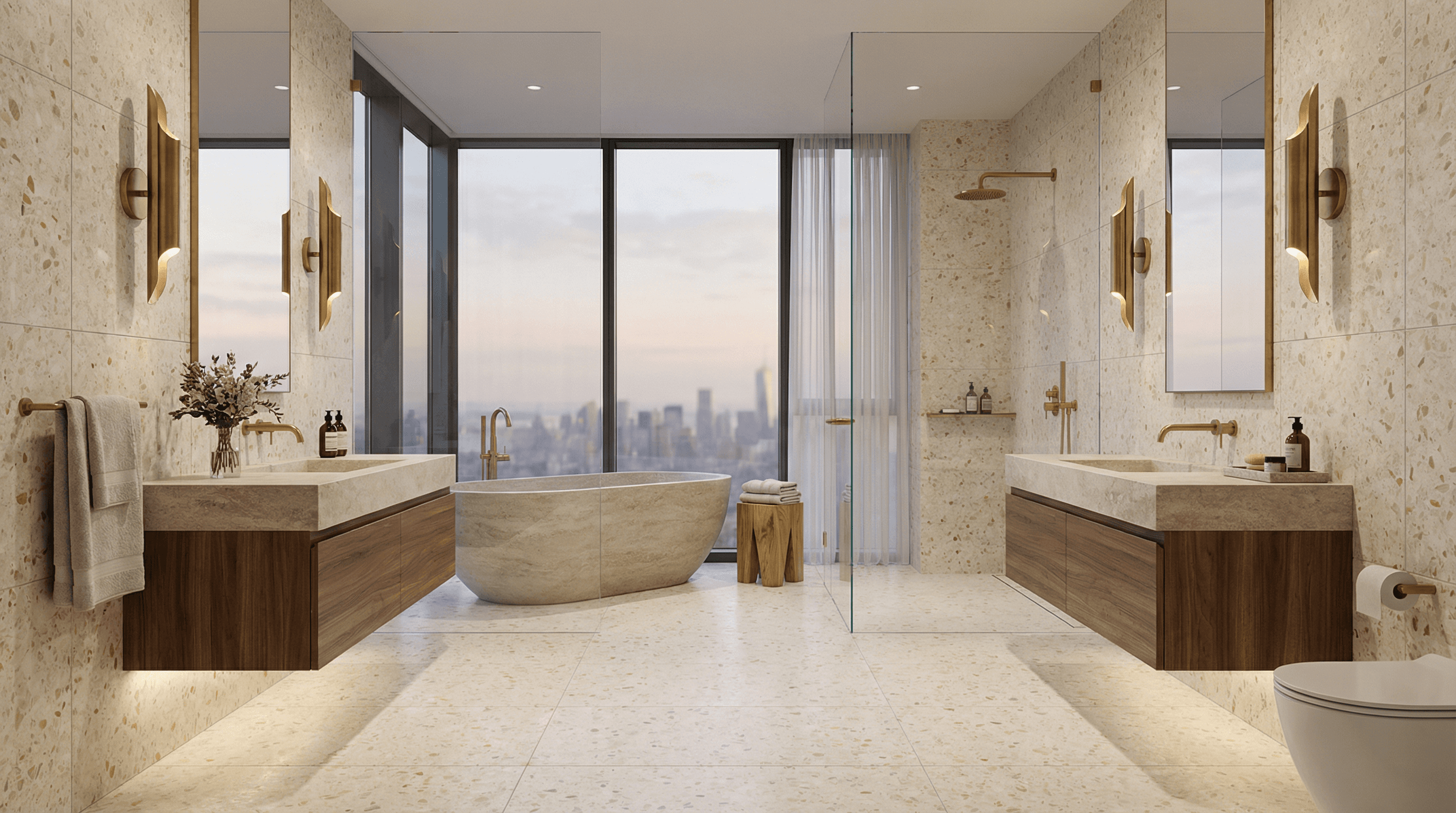 A breathtaking condo bathroom featuring a custom wet room design, large-format terrazzo tile flooring, and a floating warm wood vanity with elegant statement sconces.