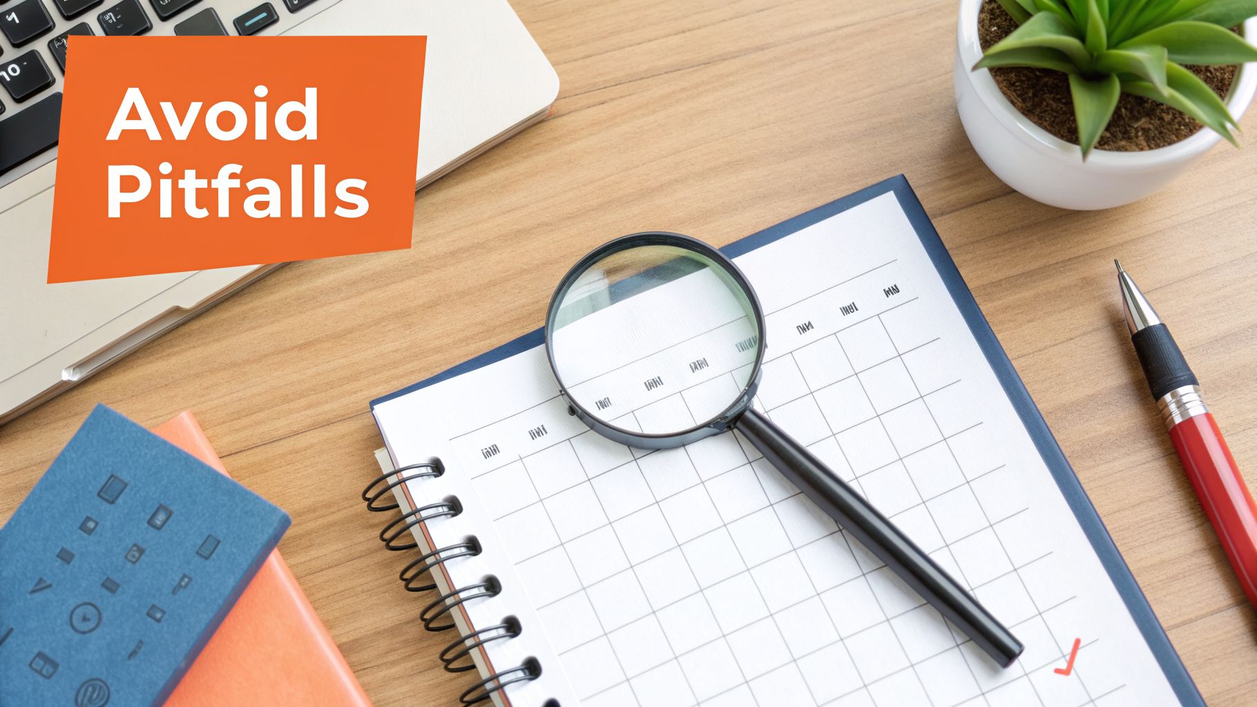 A desk with a laptop, notebooks, a magnifying glass over a planner, and the text 'Avoid Pitfalls'.