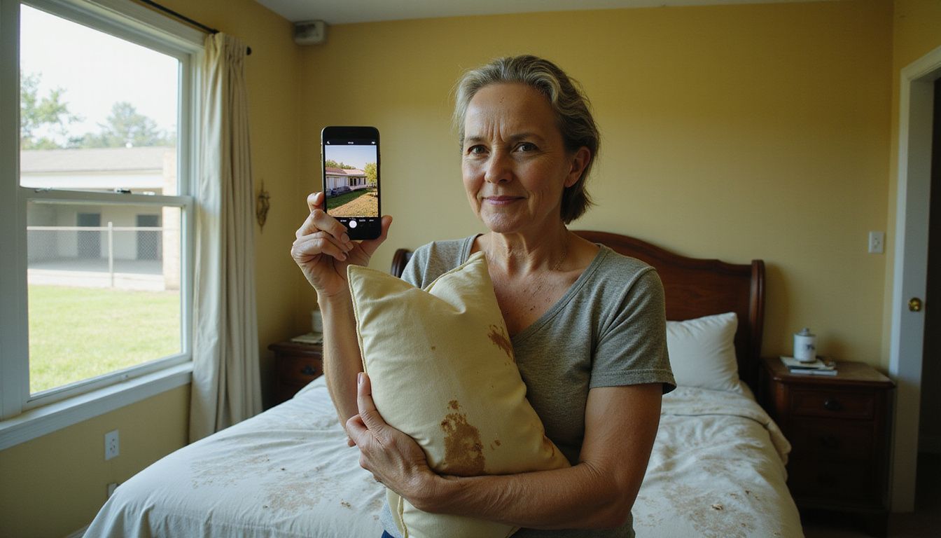 A woman contrasts a pristine listing with her worn, deteriorating bedroom.