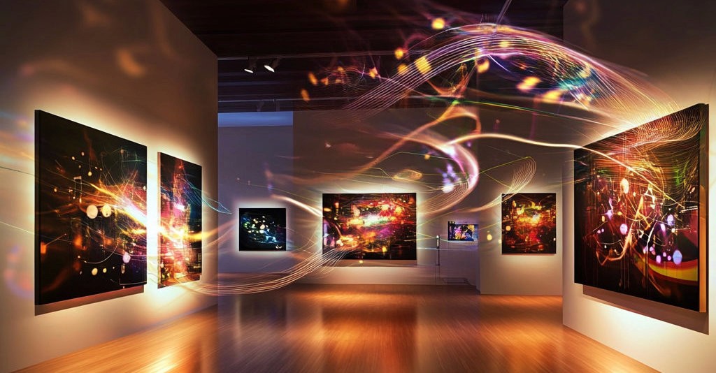 Paintings in an art gallery with digital music flowing between them