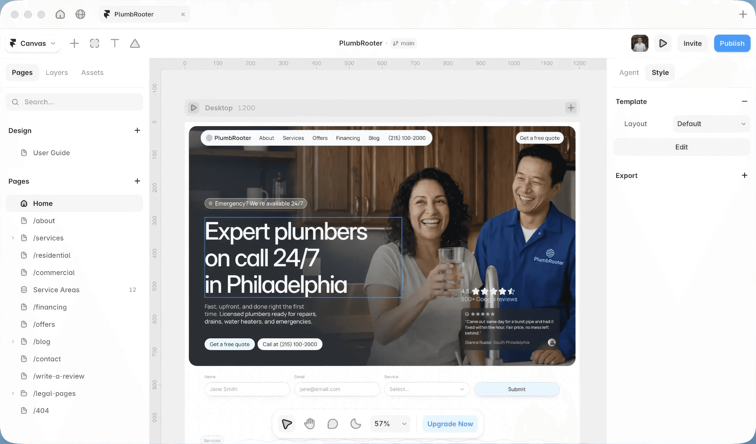 Plumbing website template preview shown in the Framer editor