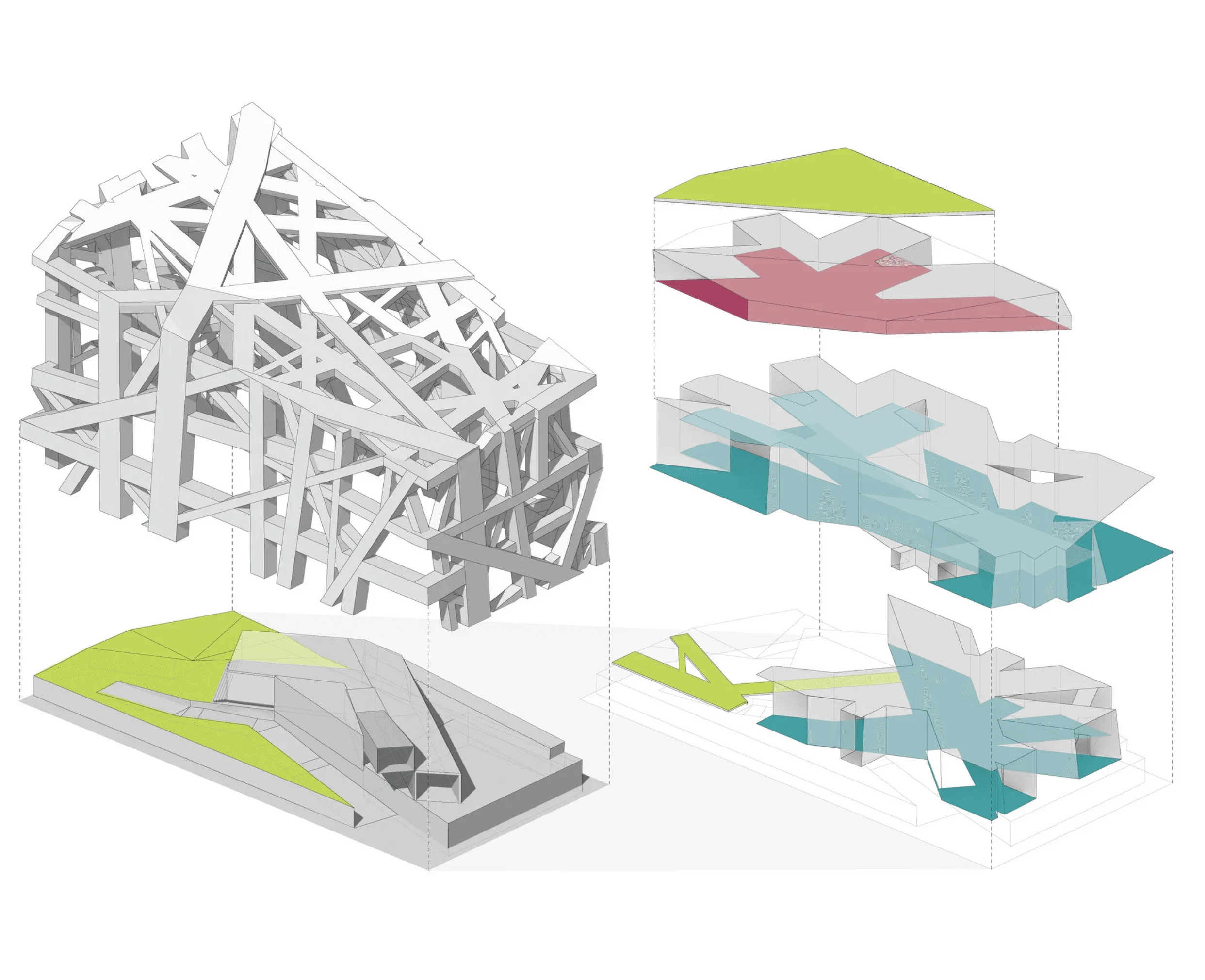 Exploded axonometric diagram of the Whitney Downtown proposal