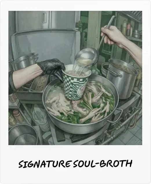 Pho Street Eats Polaroid captioned "Signature soul-broth": broth being ladled into a branded cup above a wide pan of stock.