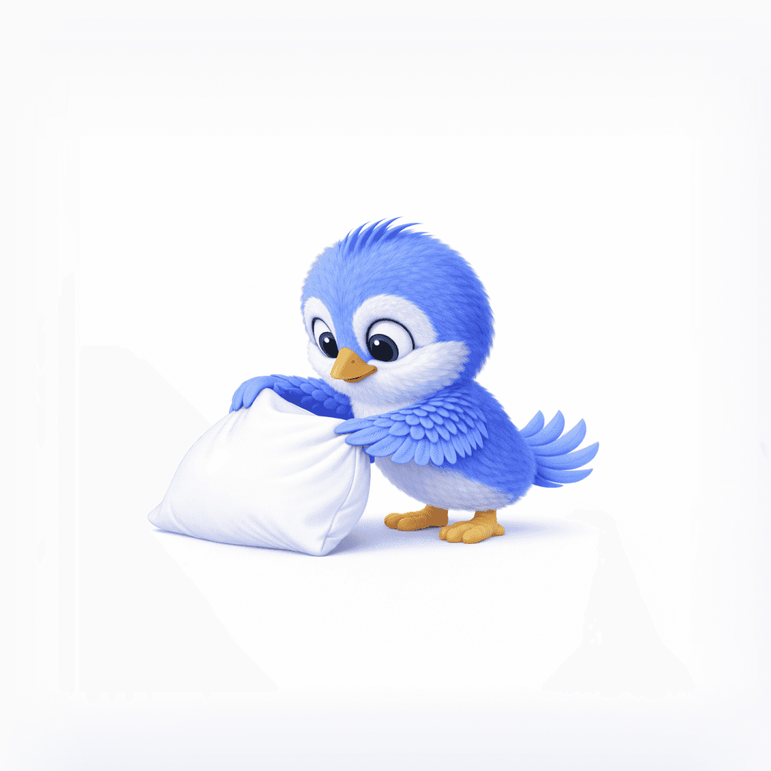 A blue bird fluffing and arranging a white pillow as part of a morning routine.