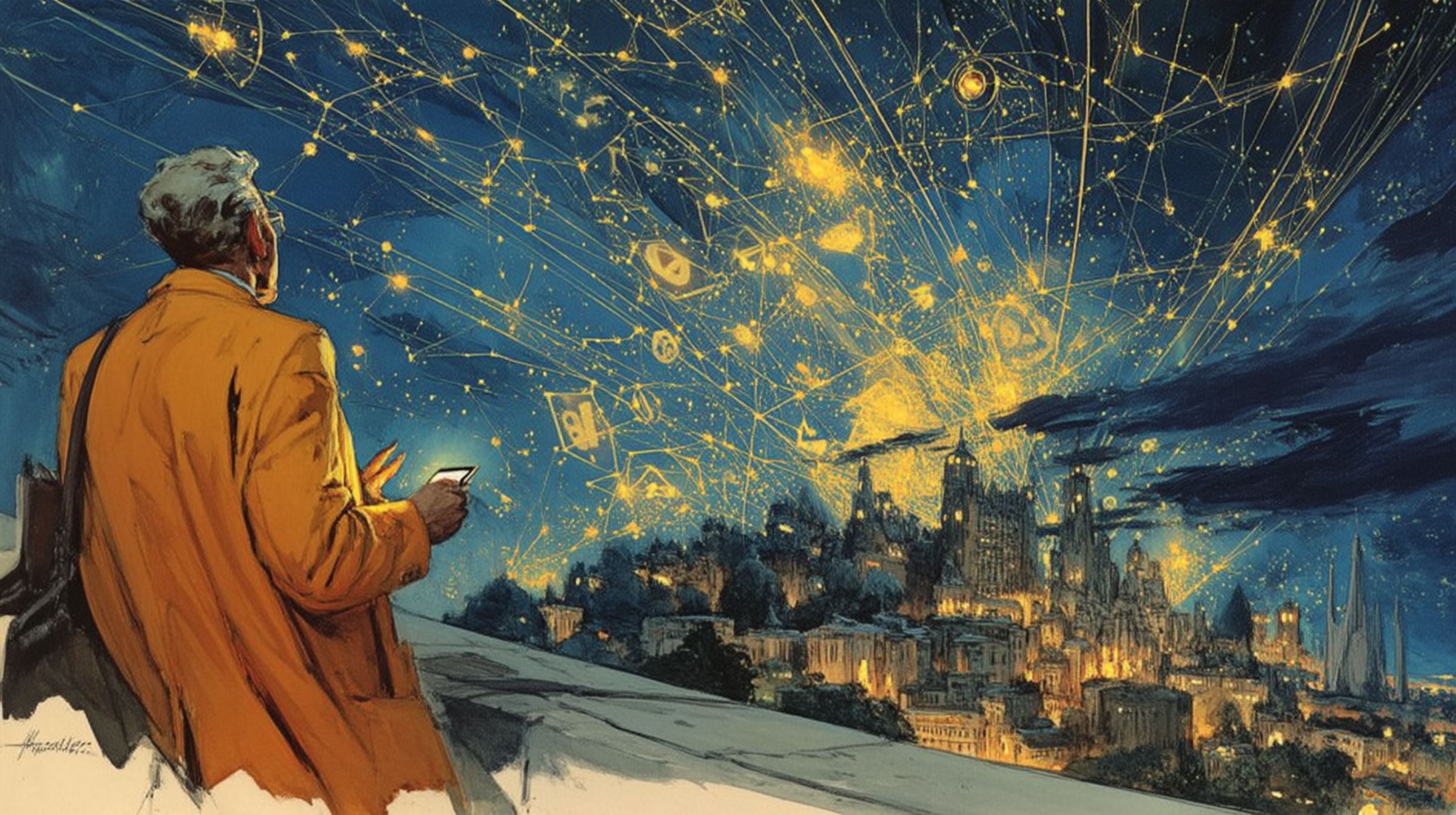 A man in a golden coat gazes at a night sky filled with constellations shaped like app icons glowing above a luminous city, representing the mythology of the digital age.