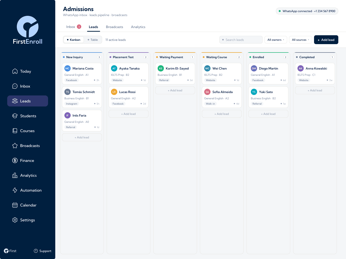 FirstEnroll admissions pipeline kanban