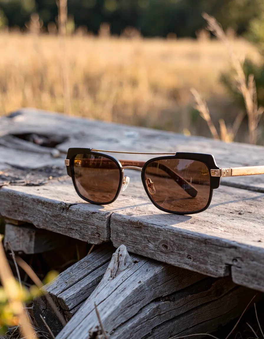 Stylish black and gold sunglasses with amber lenses resting on weathered wooden surface against blurred golden field backdrop