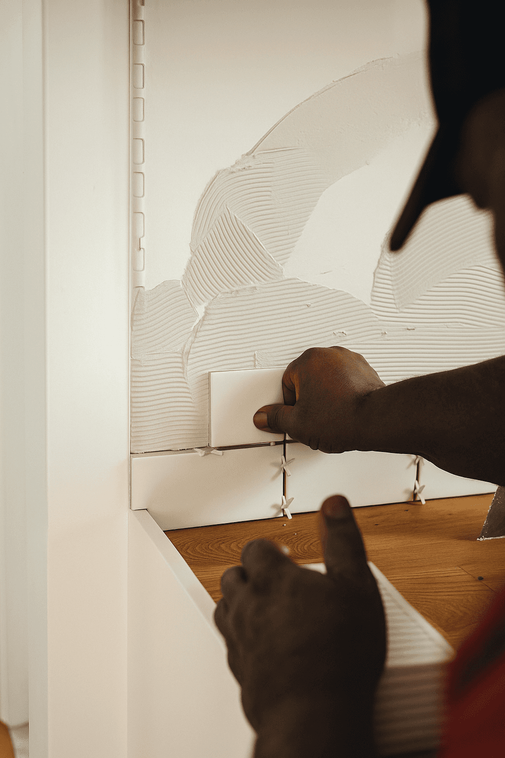 Une personne pose du carrelage sur un mur, en appliquant des carreaux blancs dont les rainures adhésives sont visibles, et en utilisant des entretoises pour l'alignement. Le travail semble minutieux et précis.