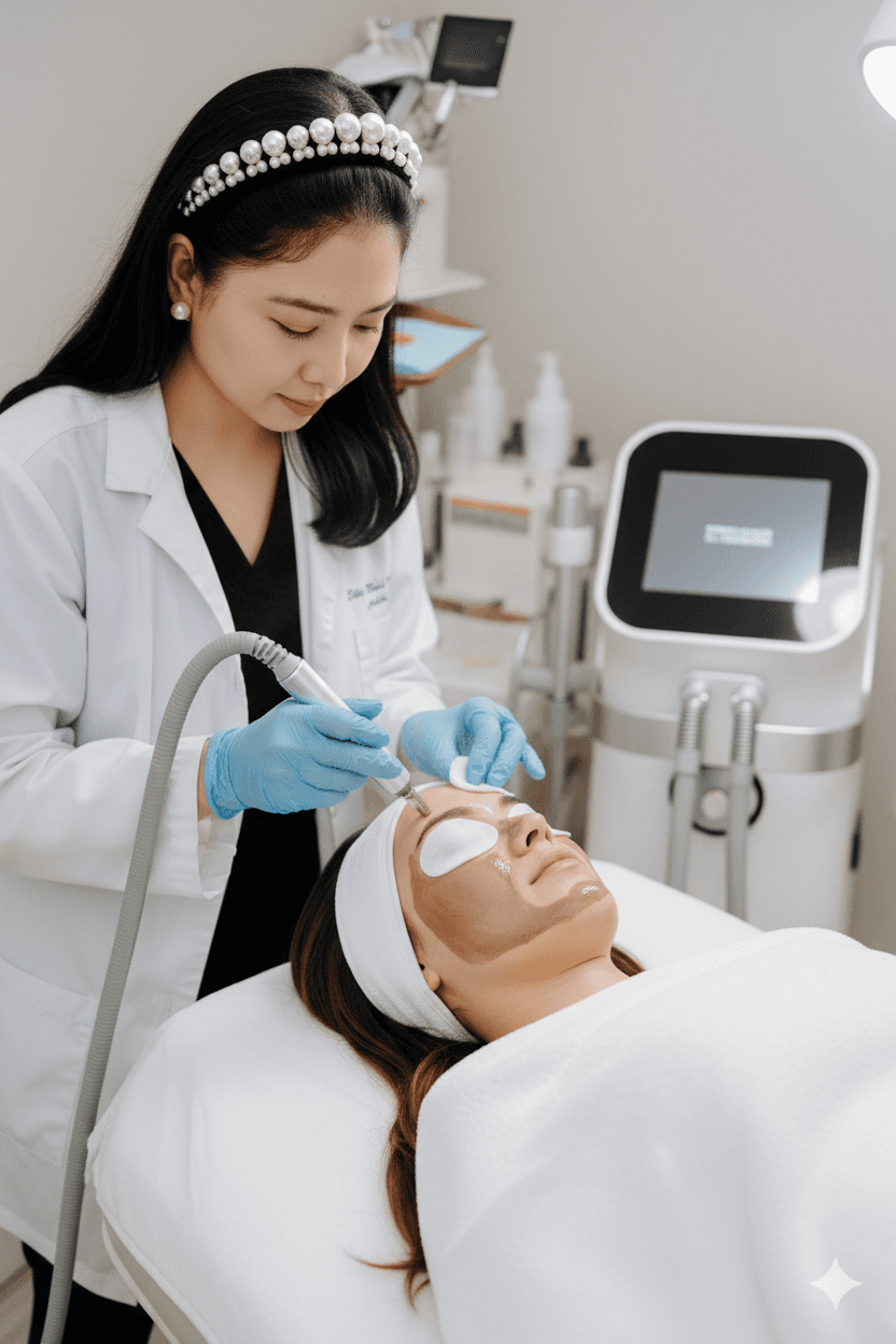 Client relaxing during advanced laser treatment for face rejuvenation